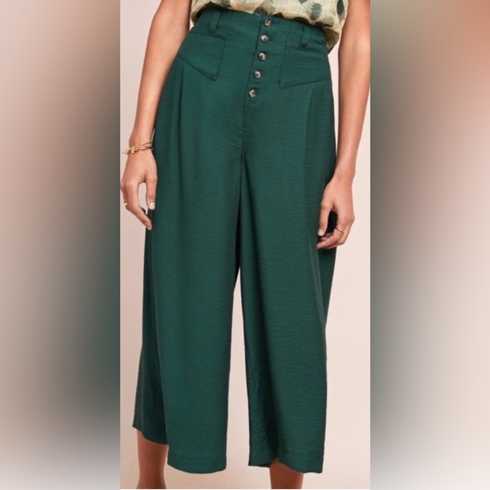 Ett:twa by Anthropologie Wide Leg Button Fly Trouser Pants Large Holly Green NWT